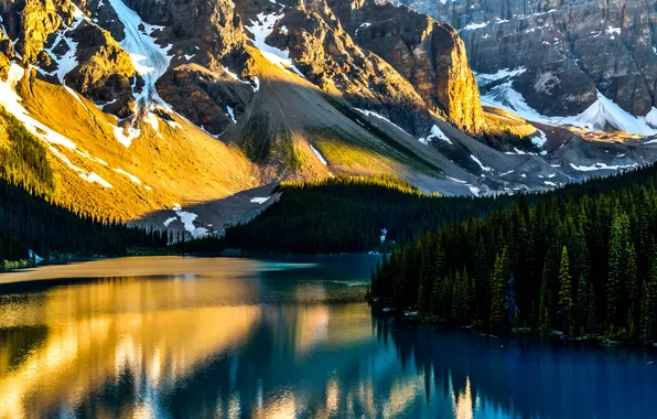 Forest, snow, trees, sunset, mountains, lake