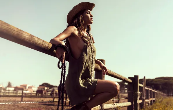 The sky, girl, the sun, landscape, pose, model, hat, boots