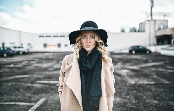 Girl, blur, hat, blonde, Parking, car, coat