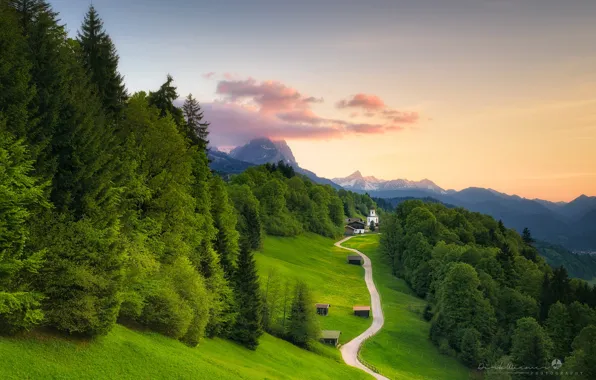 Road, landscape, mountains, nature, Germany, Bayern, Alps, Church