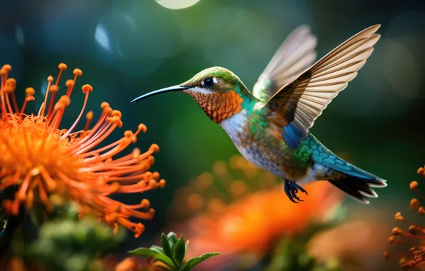 Flight, flowers, bird, Hummingbird, bird, orange, wings, green background