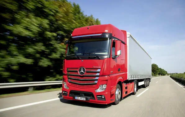 Red, Mercedes-Benz, track, tractor, 2013, 4x2, Actros, the trailer