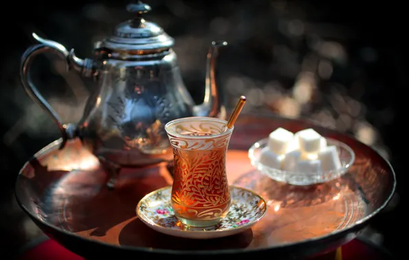 Picture tea, kettle, sugar, drink