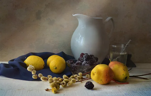 Picture glass, dishes, still life, pear, Verba, lemons, BlackBerry, the milkman