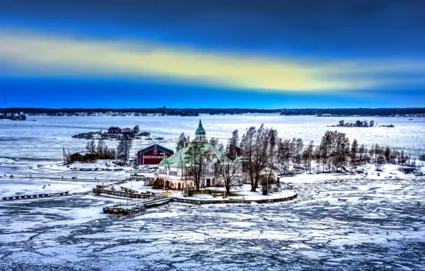 Ice, winter, the sky, snow, lake, house, island, Church