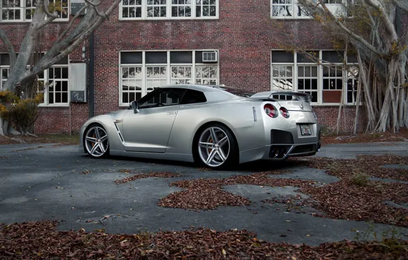 Picture leaves, trees, the building, Windows, silver, nissan, rear view, Nissan