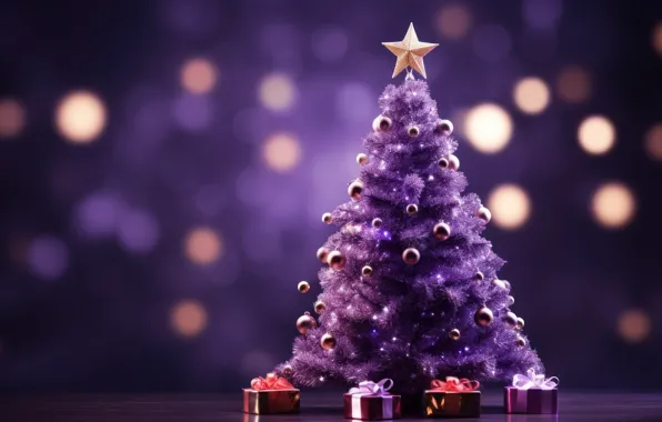 Balls, lights, the dark background, star, Shine, Christmas, purple, New year