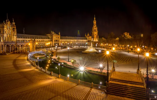 Night, lights, Spain, Seville, Espana