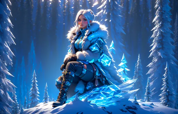 Girl, ice, fantasy, forest, blue eyes, winter, snow, coat