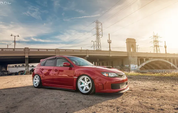 Tuning, turbo, red, white, wheels, subaru, japan, bridge