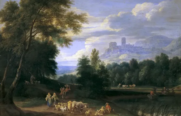 Animals, mountains, people, castle, tower, picture, Adrian Frans Boudewyns, Landscape with Shepherds