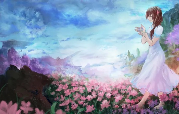 Picture the sky, girl, clouds, flowers, mountains, nature, anime, art