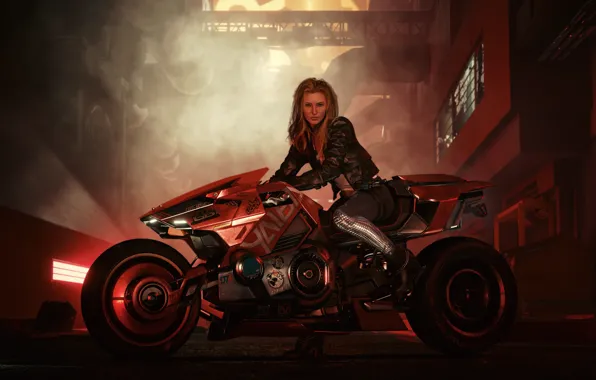 Girl, bike, art, rider, blonde, Cyberpunk 2077, biker