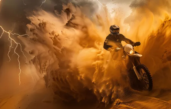 Sand, Lightning, Desert, Clouds, Motorcycle, Male, Dakar, Digital art