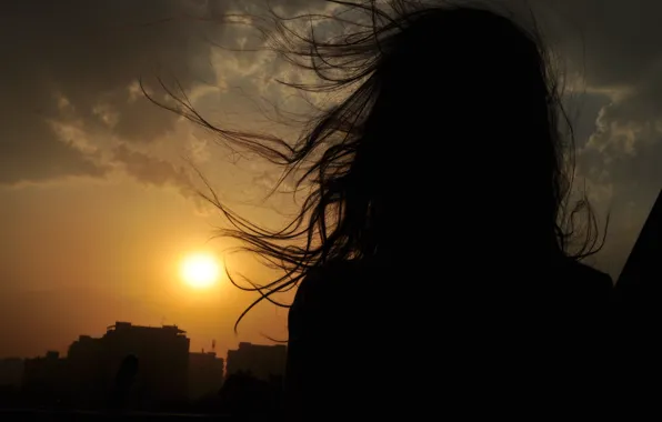 The sky, girl, landscape, sunset, the wind, hair