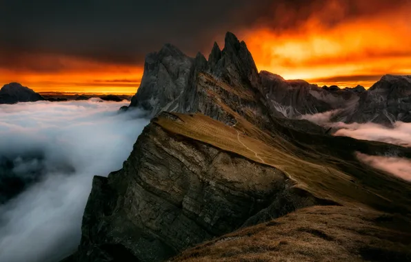 Clouds, sunset, mountains, fog, rocks, tops, height