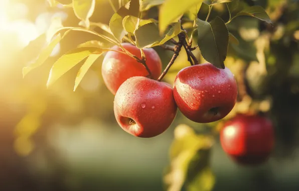 Summer, leaves, the sun, drops, light, apples, branch, garden