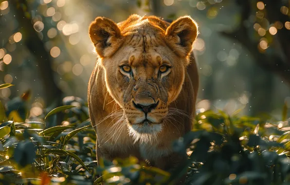 Look, Leaves, Lioness, Face, Front, Digital art, Big cat, Closeup