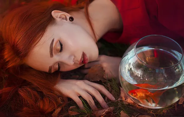 Girl, face, mood, aquarium, hand, fish, makeup, goldfish