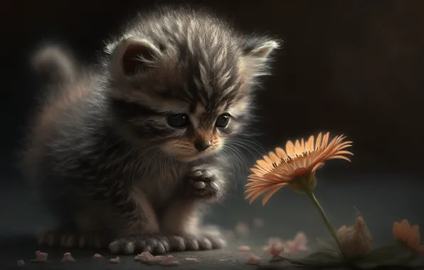 Cat, flower, light, pose, the dark background, kitty, grey, graphics