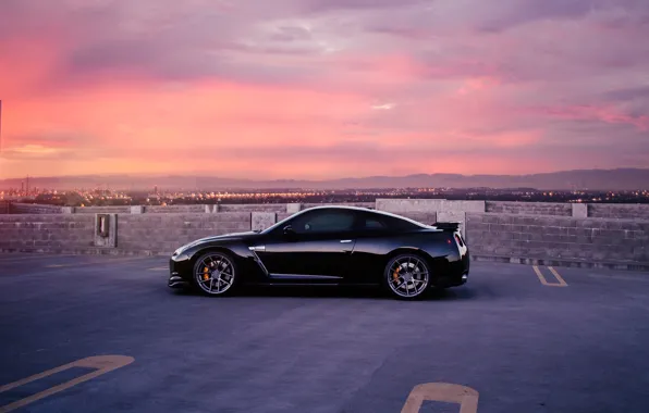 GTR, Nissan, Car, Wall, Black, Sunset, Side, Tuning