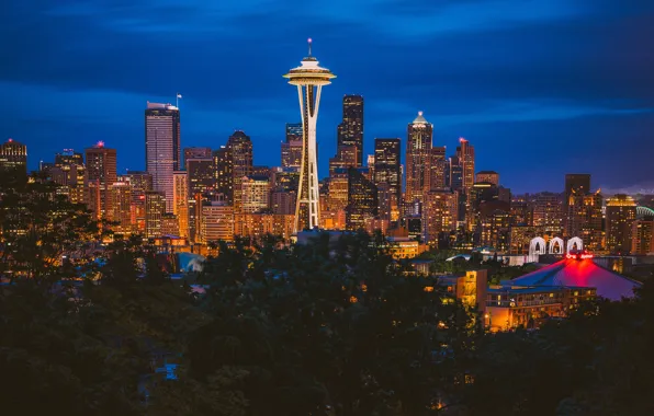 Lights, USA, United States, Washington, dusk, buildings, downtown, skyscrapers