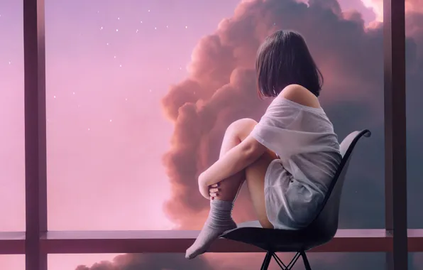 The SKY, CLOUDS, STARS, CHAIR, T-SHIRT, WINDOW, CLOUDS, MOOD