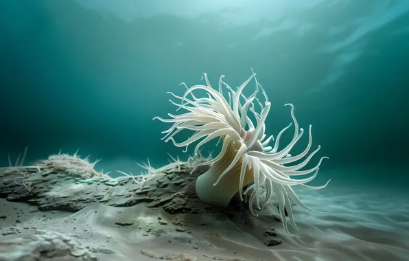 Underwater, cyan, sea floor, AI art, sea anemones