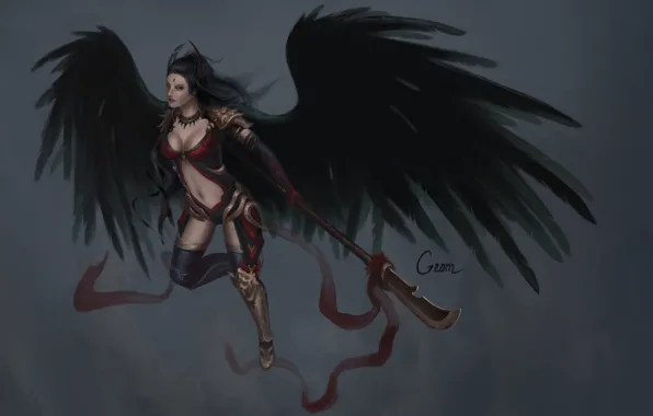 Look, girl, weapons, background, art, fallen angel, black wings
