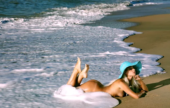 Sand, sea, beach, water, girl, hat, blonde, surf