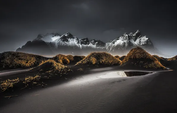 Grass, mountains, Iceland, Vestrahorn, Stockksness, black sand, dark clouds