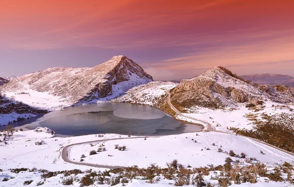 Winter, mountains, lake, the evening, Spain, province, Asturias, Enol lake