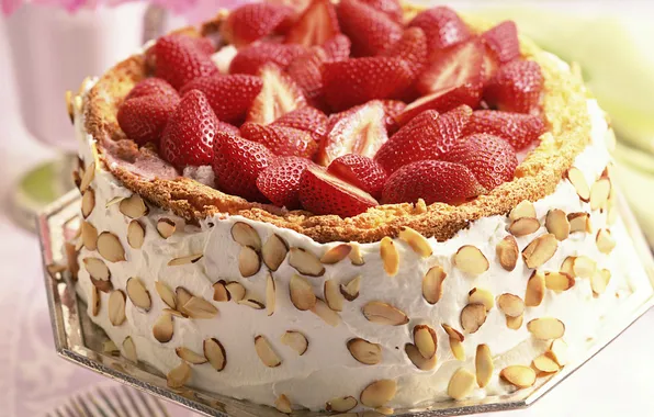 Strawberry, sweets, cake, cream, dessert, cake, nuts, almonds