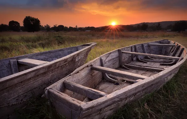 Field, sunset, boats