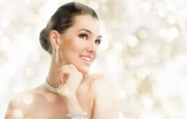 Look, girl, smile, earrings, necklace, bracelet, brown hair