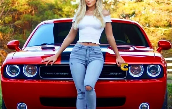 Picture Girls, Dodge, Beautiful Girl, red car, posing on the car