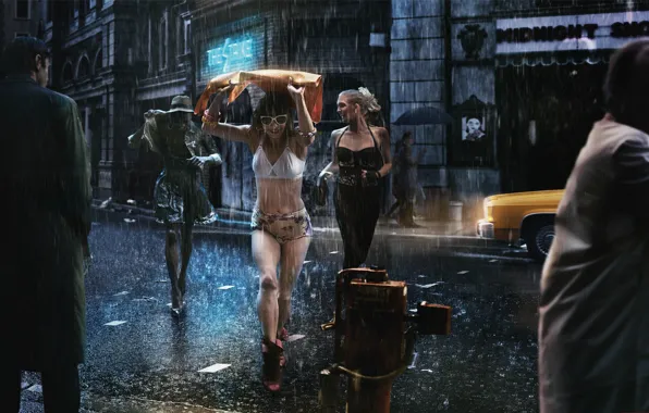 Joy, girls, rain, street, umbrellas, men, cloaks