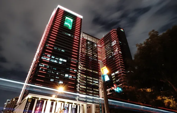 Picture night, the city, lights, tree, street, building, home, skyscrapers