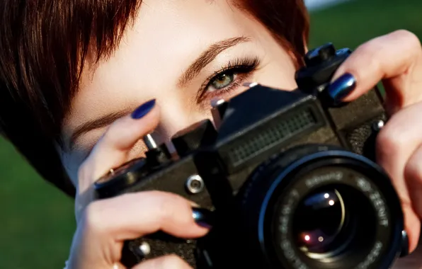 Picture look, blur, Zenit, the camera, lens, redhead, camera, photographs