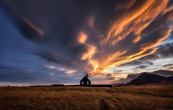 The sky, clouds, mountains, the evening, Church, temple, Iceland