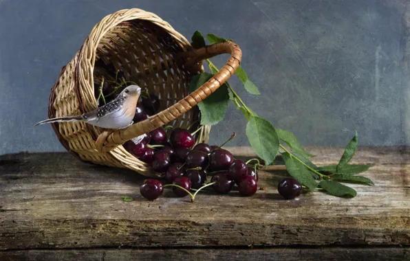 Picture leaves, cherry, basket, berry, bird