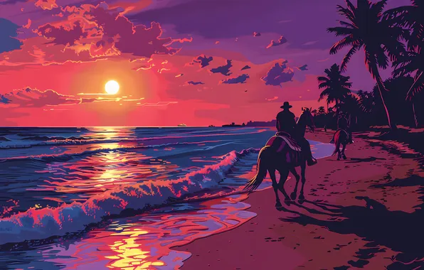 Sunset, The sun, Sea, Palm trees, Horse, Coast, Men, Digital art