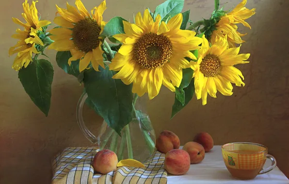 Flowers, sunflower, Cup, pitcher, still life, peaches