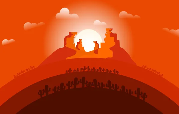 Sunset, The sun, Minimalism, Desert, Cacti, Landscape, Concept Art, Cactus