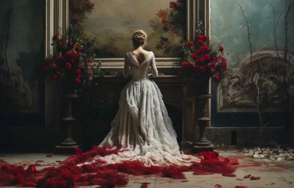 Picture flowers, interior, AI art, Princess, digital art, roses, girl, lady