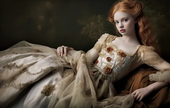 Picture look, girl, pose, retro, dress, art, Princess, redhead