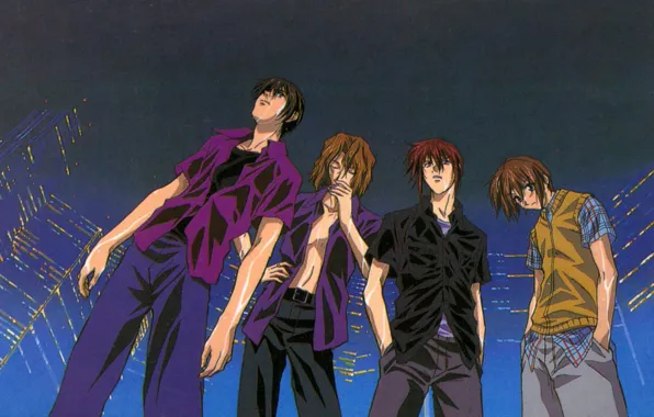 Picture each, rain, street, skyscrapers, cigarette, red, shirt, guy