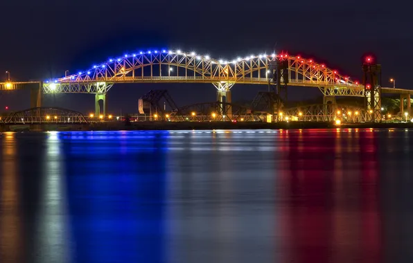 Night, lights, Michigan, panorama, Marie International Bridge