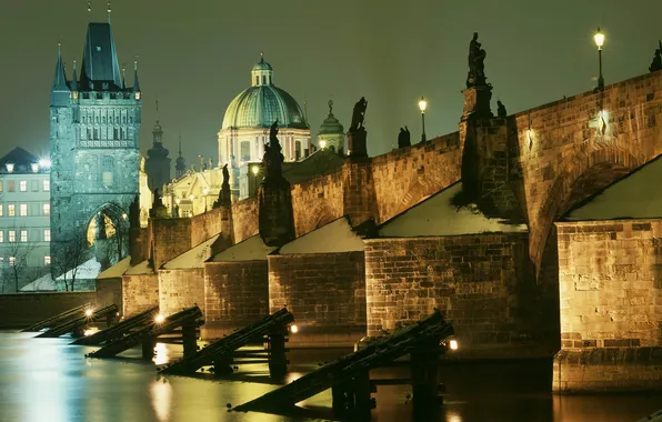 Night, lights, river, Prague, Czech Republic, Vltava, Charles bridge