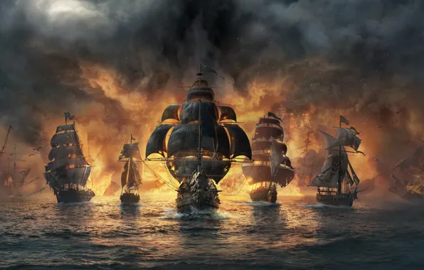 Clouds, Fire, War, Ocean, Battleship, Thunder, Battleships